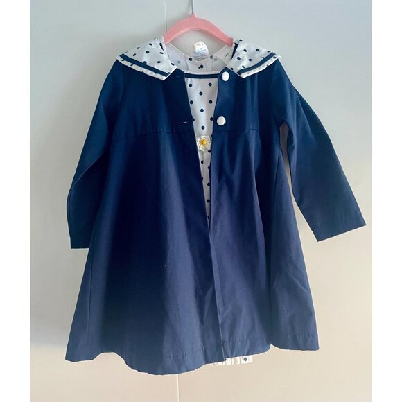 Vintage 3T Polka Dot Dress with Matching Coat: Navy Blue Cotton Blend - Picture 7 of 9